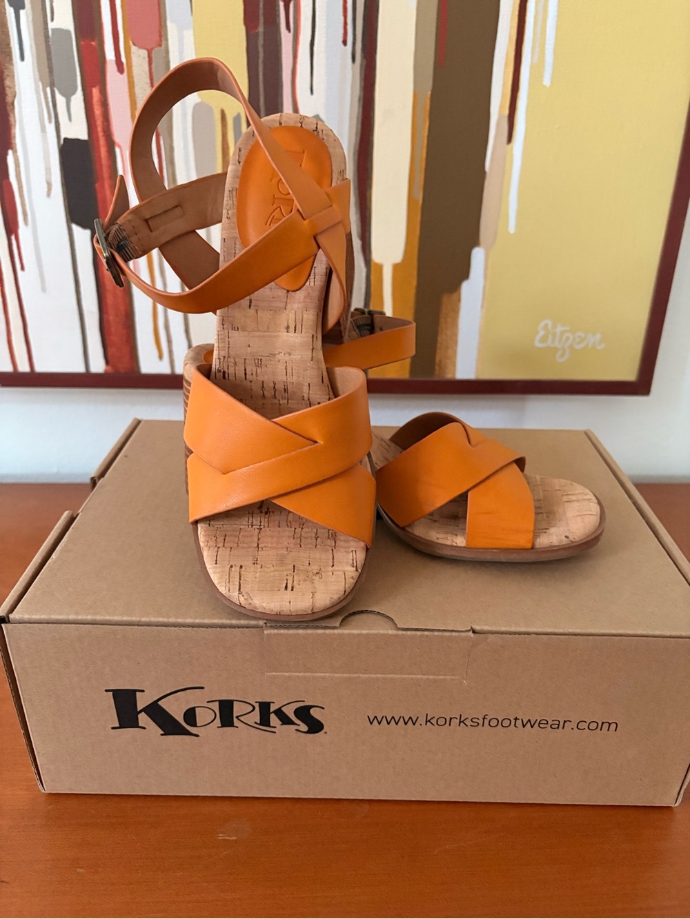 Kork-Ease Orange Leather Cork Wedge Sandals